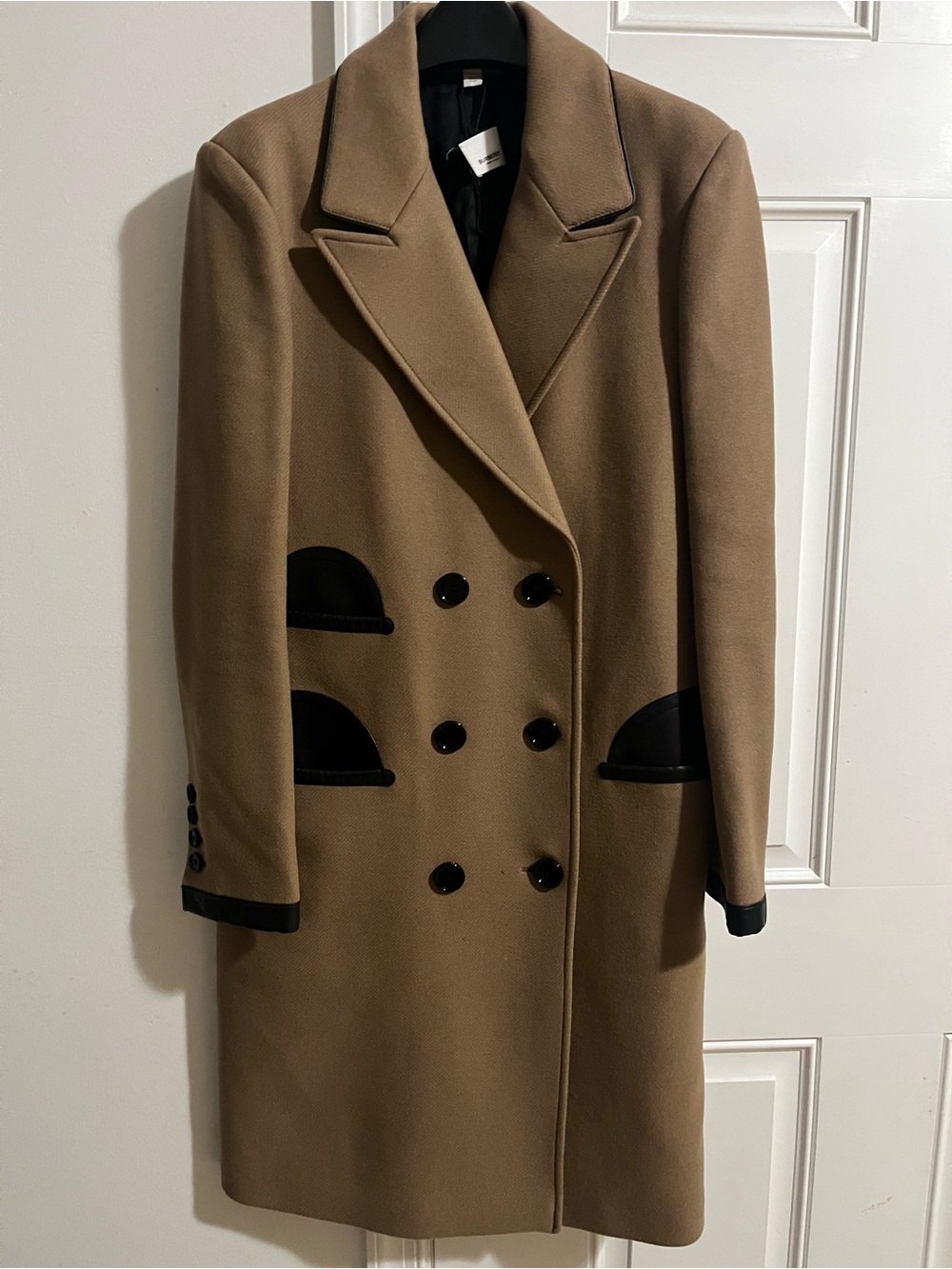 Burberry Camel Knee Length Double Breasted Coat with Black Leather Trim - Picture 2 of 9